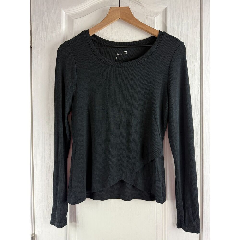 Gap Fit Women's Supersoft Ribbed Wrap Front Top Long Sleeve Black Size S